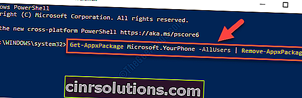 Windows Powershell (ผู้ดูแลระบบ) เรียกใช้คำสั่งเพื่อถอนการติดตั้ง Yourphone.exe Enter
