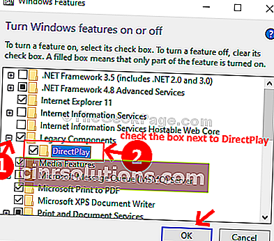 ميزات Windows المكونات القديمة قم بتوسيع تحقق Directplay موافق