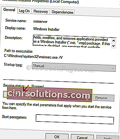 خصائص برنامج Windows Installer الحالة العامة للخدمة بدء