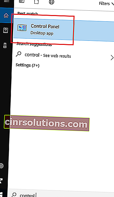 ابحث عن لوحة التحكم في شريط بحث Windows