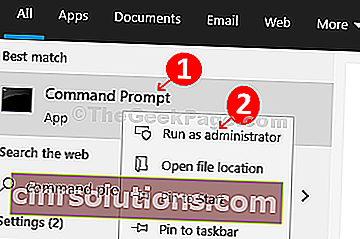 พิมพ์ Command Prompt คลิกขวาที่ผลลัพธ์คลิกที่ Run As Administrator เพื่อเปิด Command Prompt