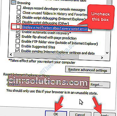 インターネットオプション[詳細]タブ設定[すべてのスクリプトエラーに関する通知を表示する]チェックボックスをオフにします