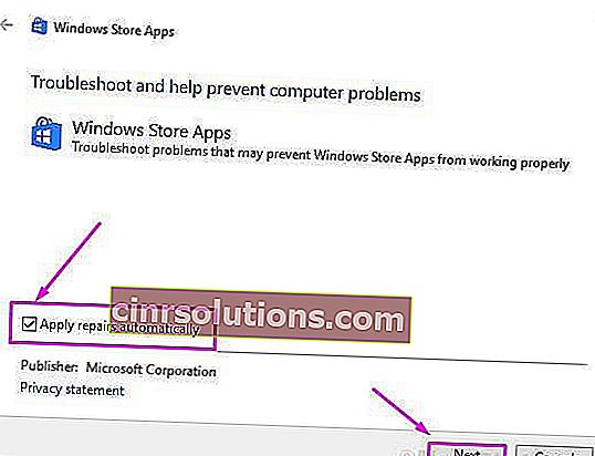 مستكشف أخطاء تطبيقات متجر Windows ومصلحها ، قم بتطبيق الإصلاحات