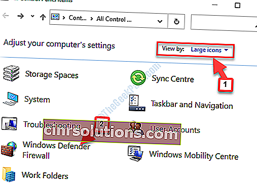 عرض الصفحة الرئيسية للوحة التحكم بواسطة أيقونات كبيرة لجدار حماية Windows Defender
