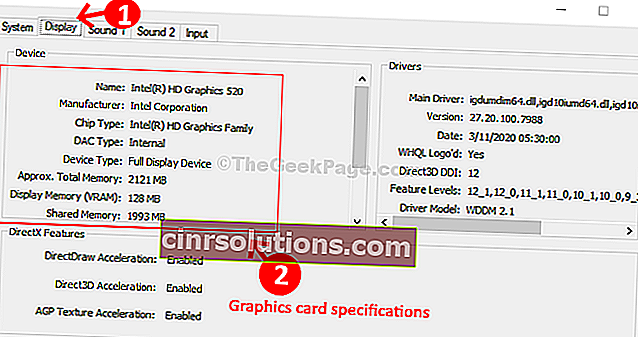 أداة تشخيص Directx عرض مواصفات بطاقة الرسومات علامة التبويب
