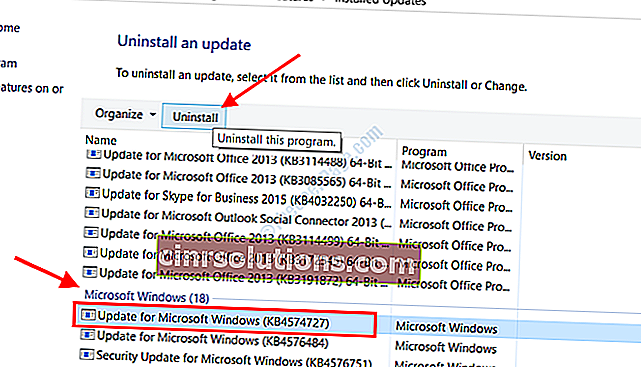 ถอนการติดตั้ง Windows Update