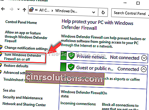 جدار حماية Windows Defender قم بتشغيل جدار حماية Windows Defender أو إيقاف تشغيله