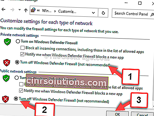 إعدادات الشبكة الخاصة قم بإيقاف تشغيل إعدادات الشبكة العامة لجدار حماية Windows Defender ، قم بإيقاف تشغيل جدار حماية Windows Defender ، حسنًا